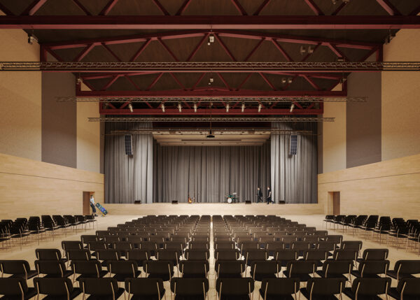 Blick in den grossen Saal mit Bühne und 700 Sitzplätzen